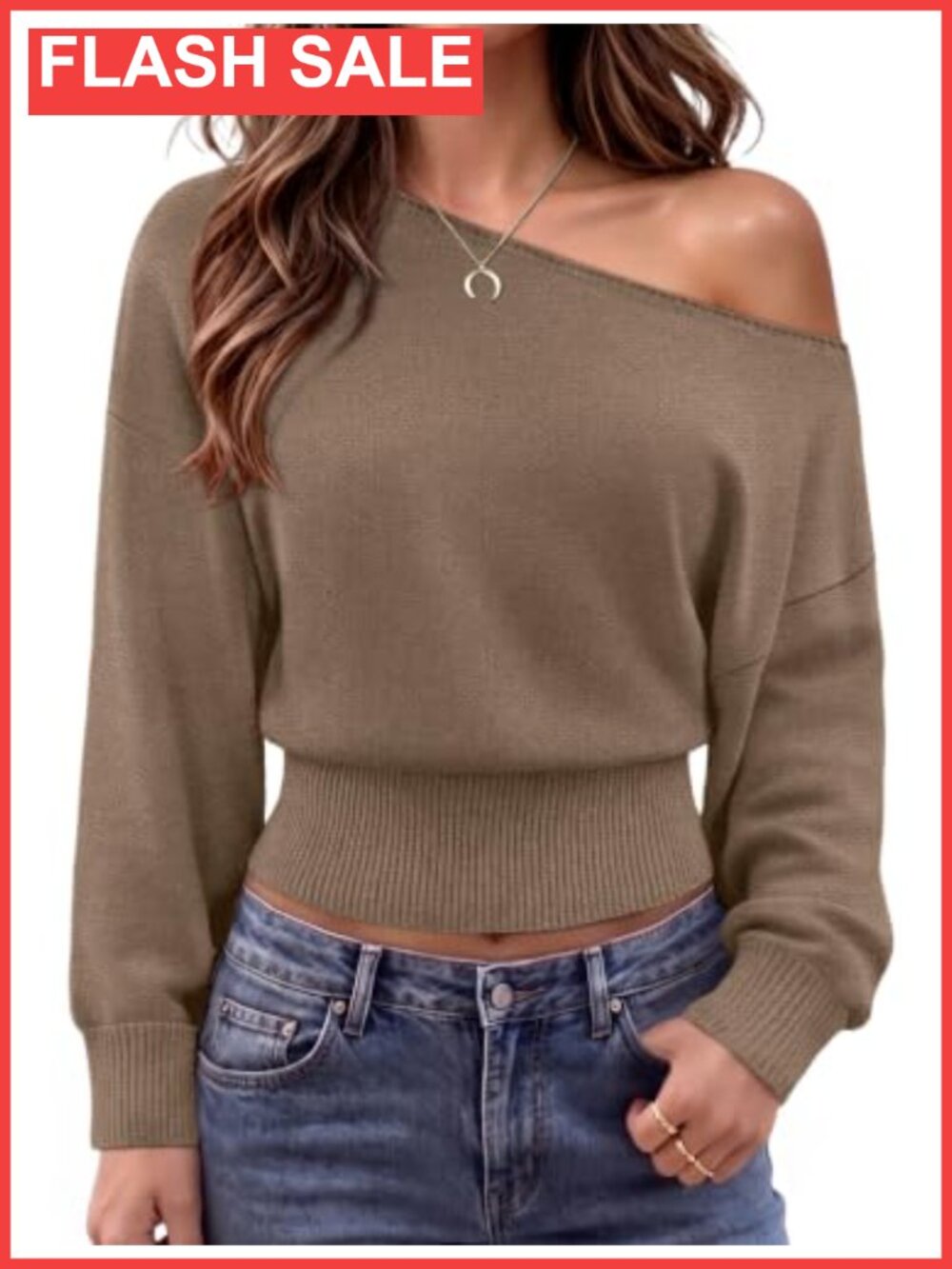 Off the Shoulder Cotton Knit Sweater Pullover Long Sleeve